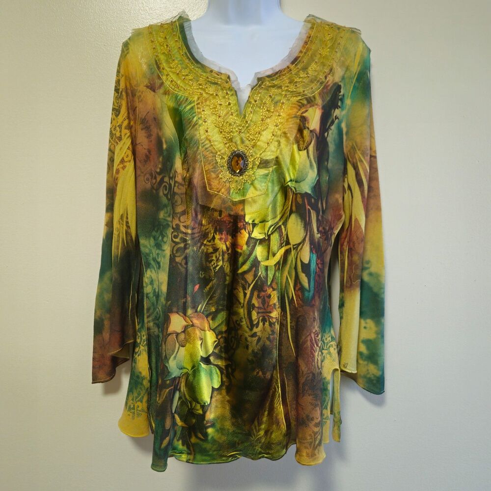 B.L.E.U. Floral Bell Sleeve Top Whimsigoth Fairycore Abstract Artsy Women XL
